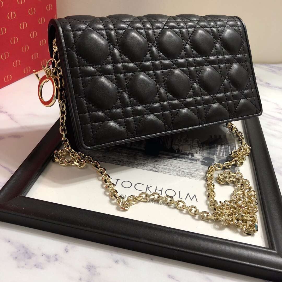 D*or lady D*or clutch with chain in black lambskin