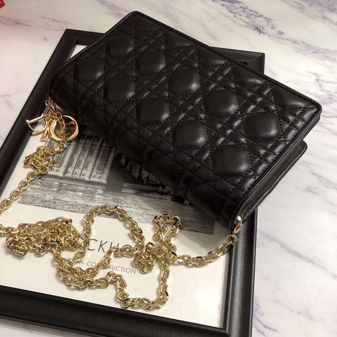 D*or lady D*or clutch with chain in black lambskin