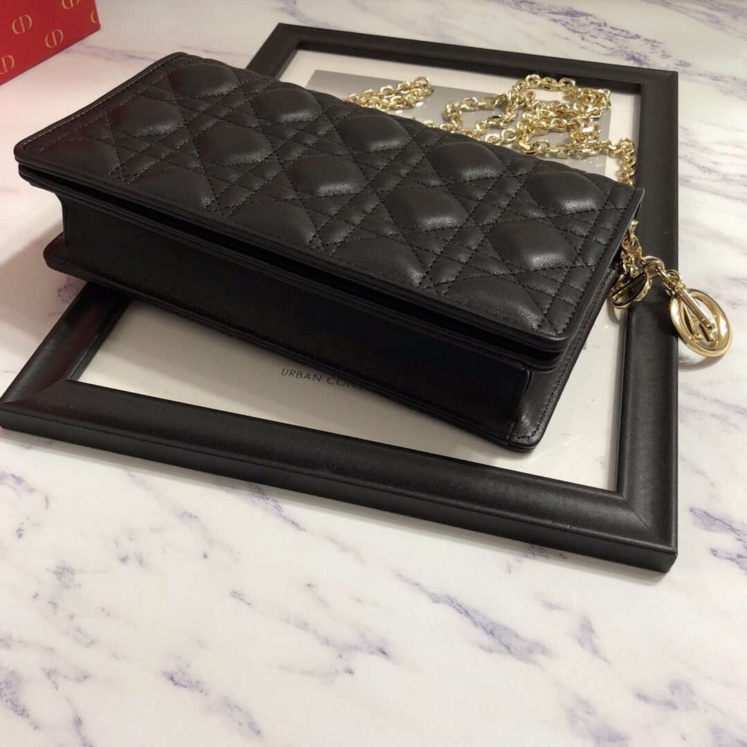 D*or lady D*or clutch with chain in black lambskin