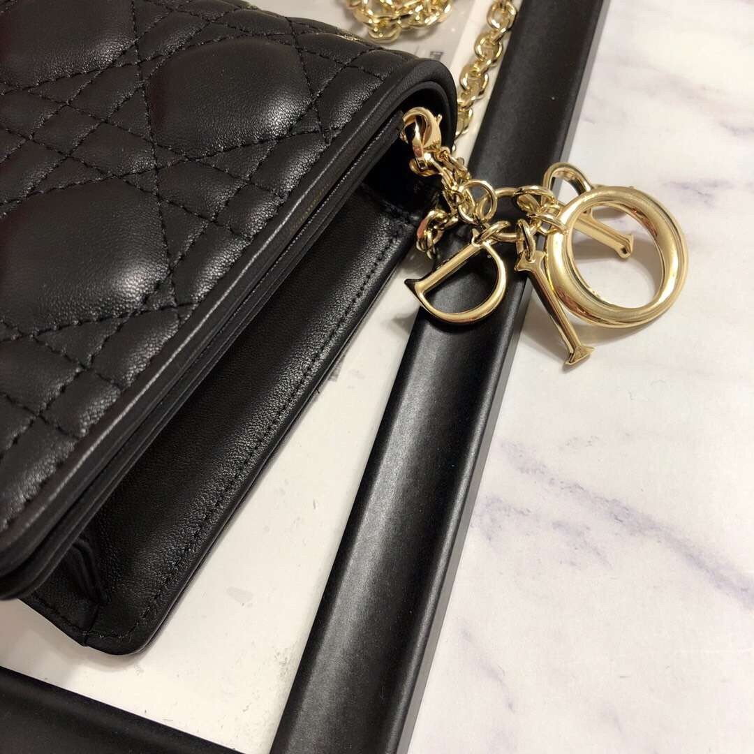 D*or lady D*or clutch with chain in black lambskin