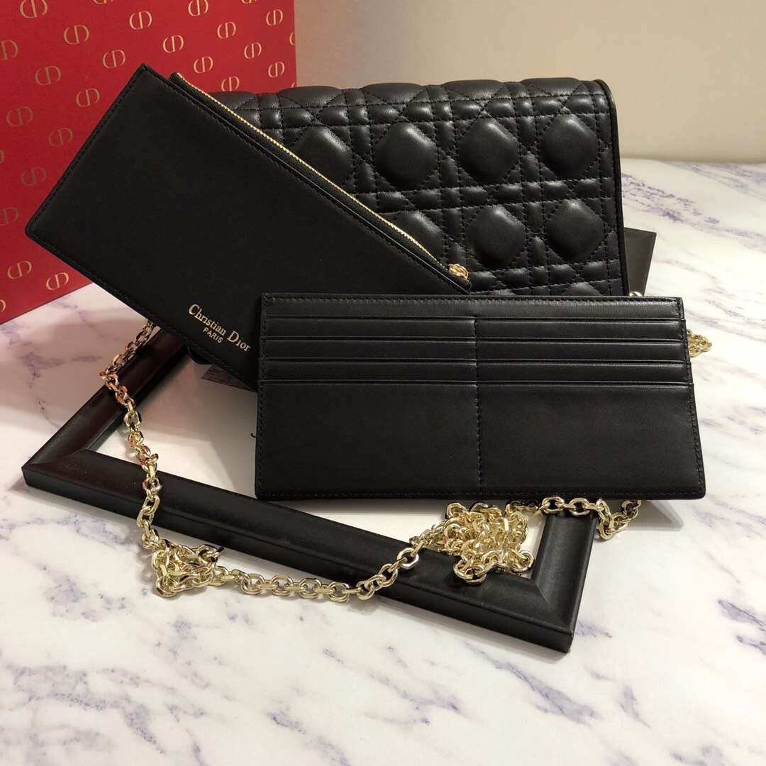 D*or lady D*or clutch with chain in black lambskin