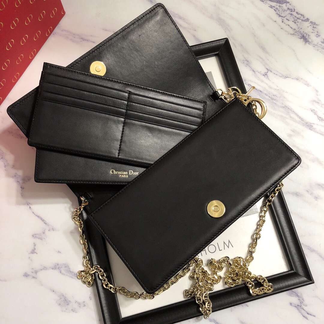 D*or lady D*or clutch with chain in black lambskin