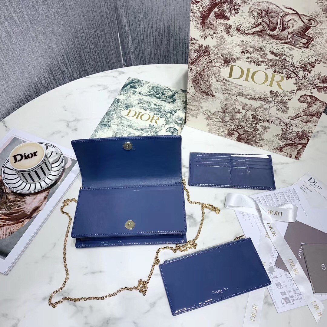 D*or lady D*or clutch with chain in denim blue patent