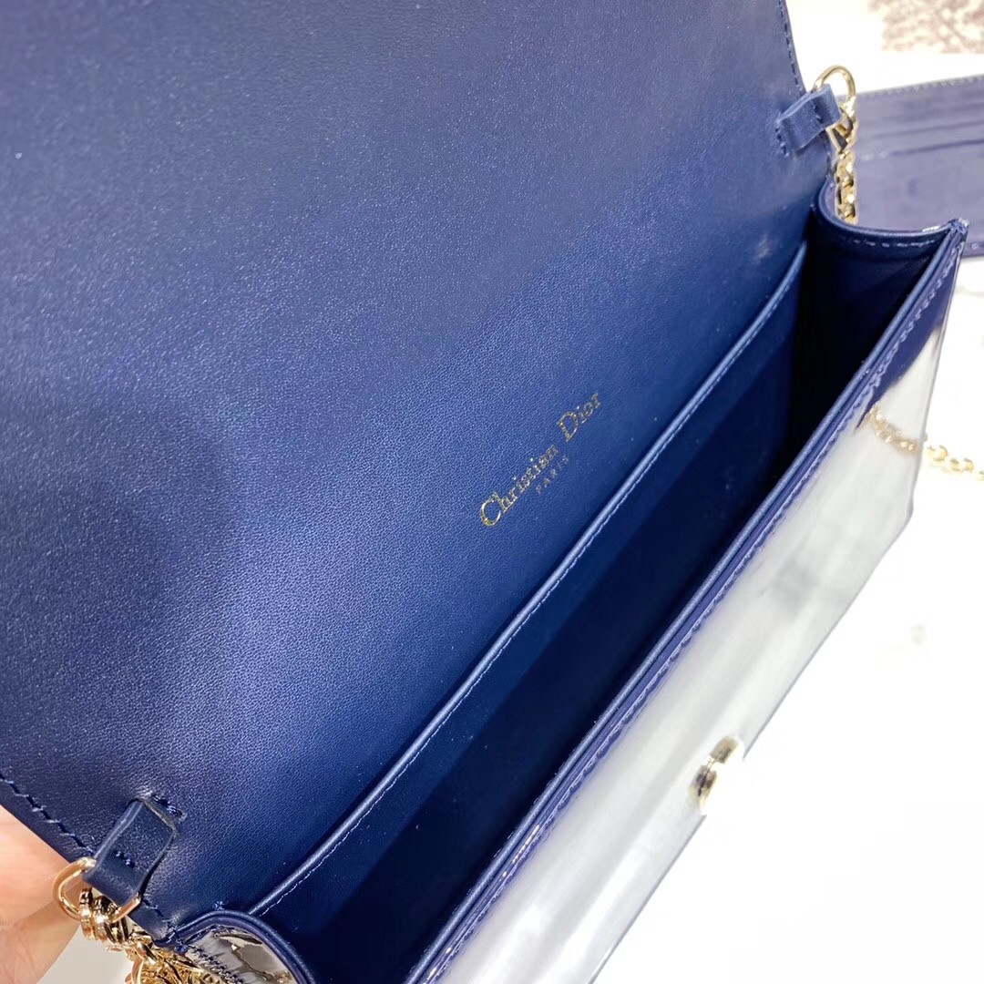 D*or lady D*or clutch with chain in denim blue patent