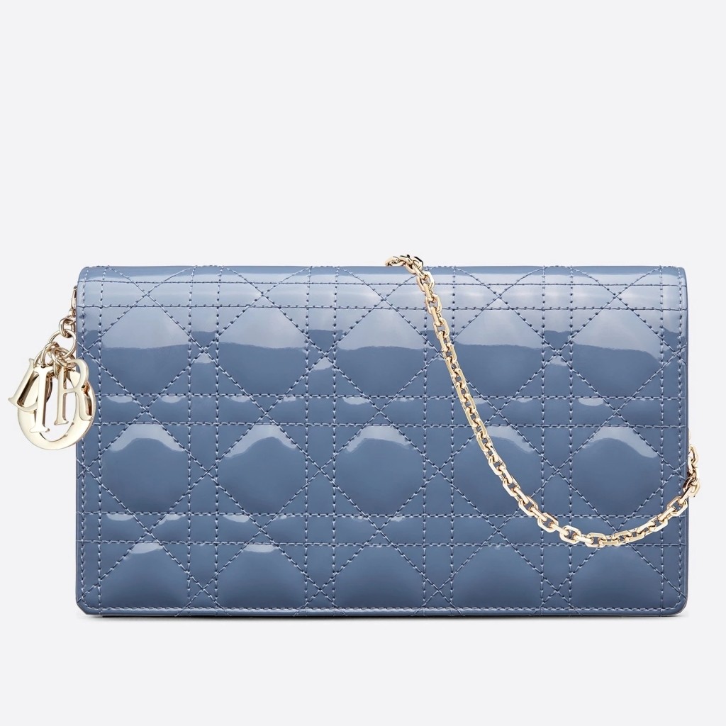 D*or lady D*or clutch with chain in denim blue patent