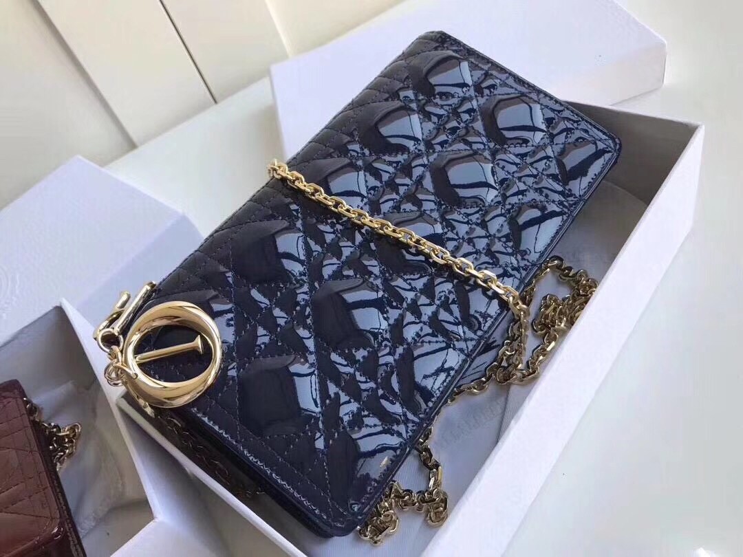 D*or lady D*or clutch with chain in indigo blue patent
