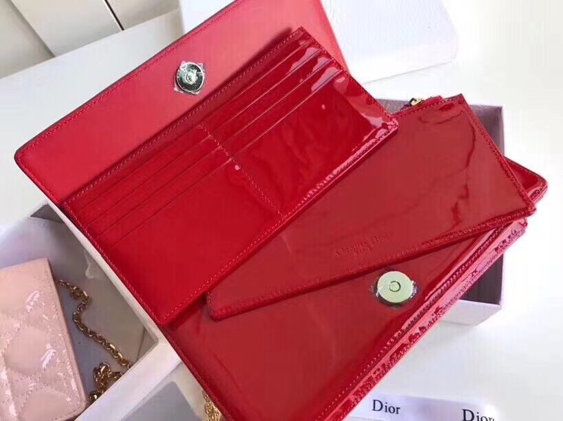 D*or lady D*or clutch with chain in red patent calfskin