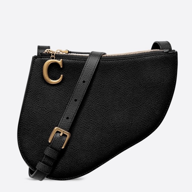 D*or saddle trio pouch with strap in black calfskin