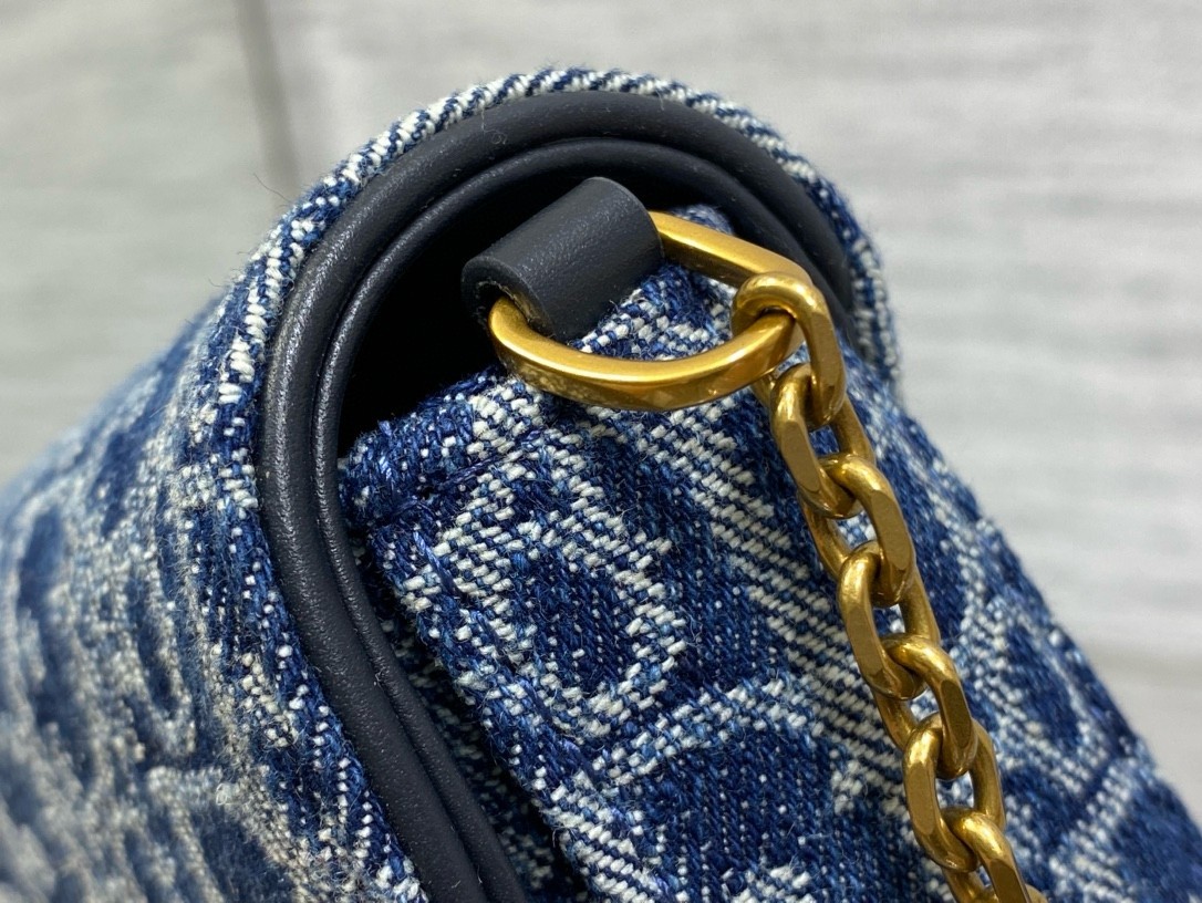 D*or saddle chain pouch in blue denim oblique jacquard