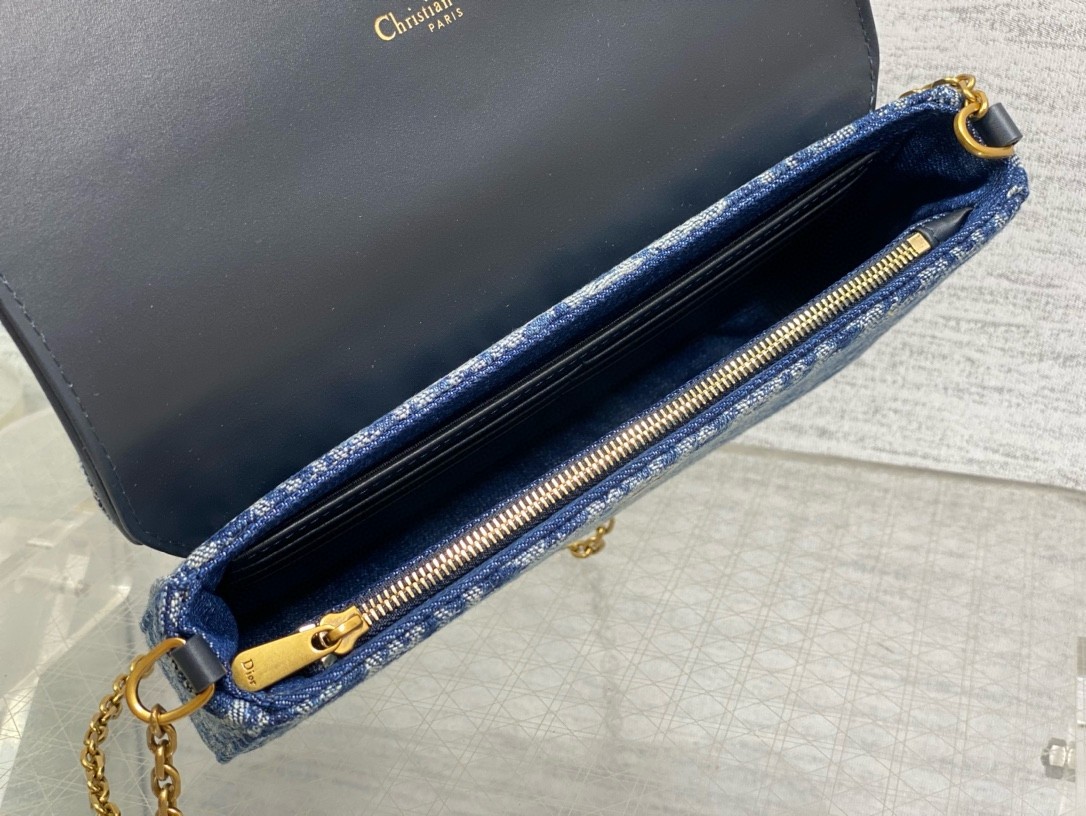 D*or saddle chain pouch in blue denim oblique jacquard