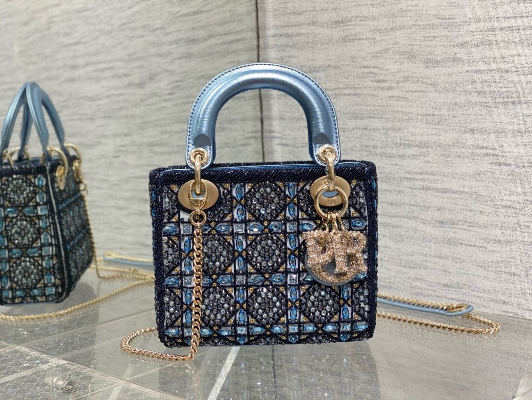 D*or lady D*or mini chain bag in satin with blue bead embroidery