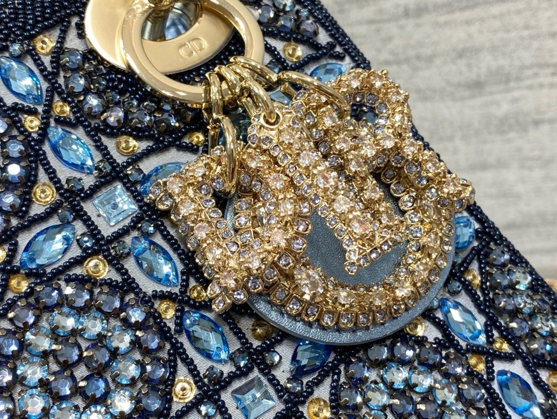 D*or lady D*or mini chain bag in satin with blue bead embroidery