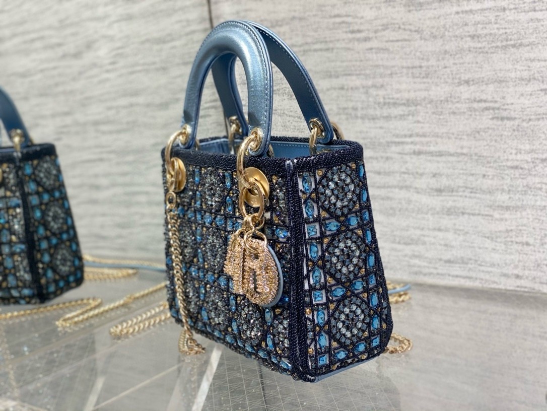 D*or lady D*or mini chain bag in satin with blue bead embroidery