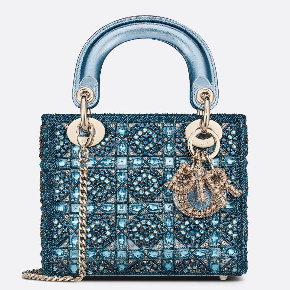 D*or lady D*or mini chain bag in satin with blue bead embroidery