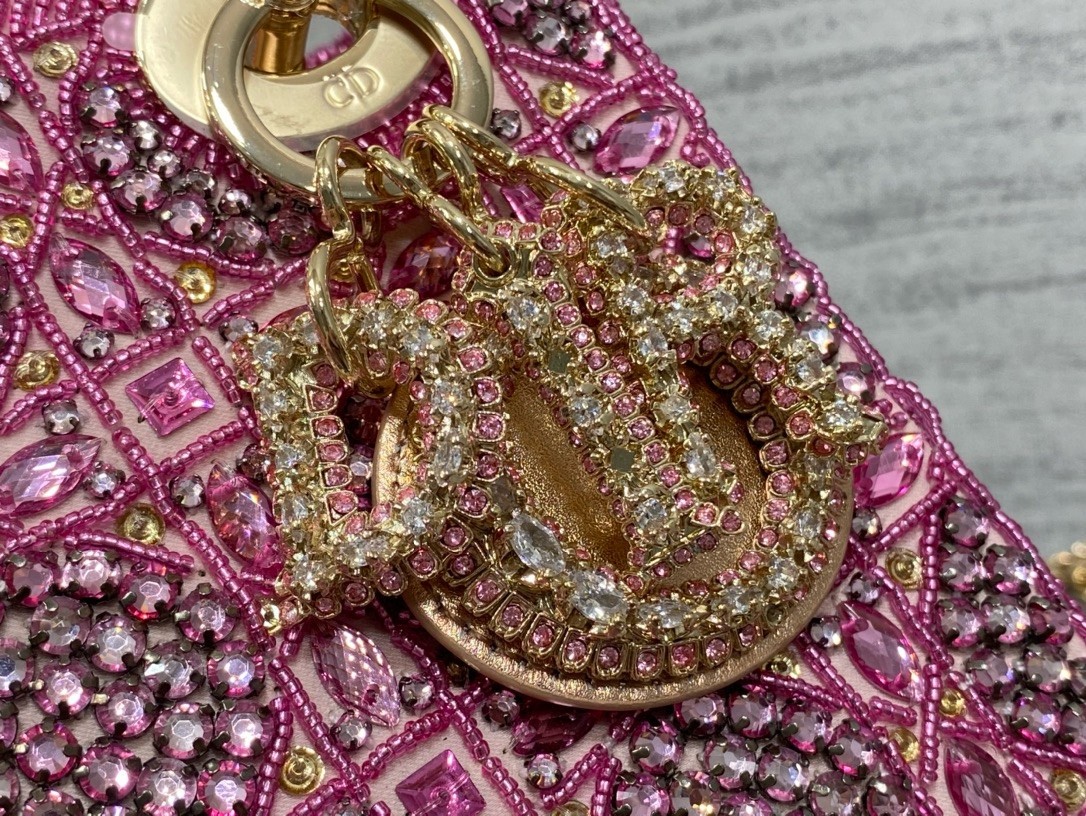 D*or lady D*or mini chain bag in satin with pink resin pearl embroidery
