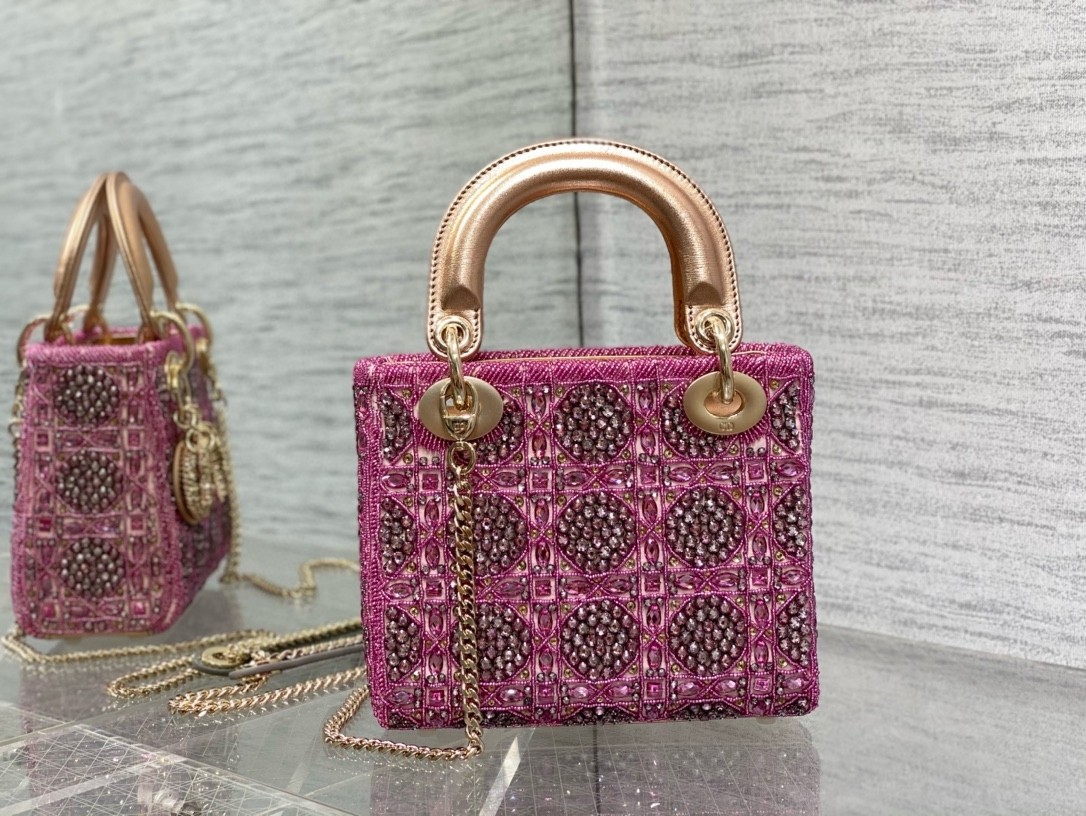 D*or lady D*or mini chain bag in satin with pink resin pearl embroidery