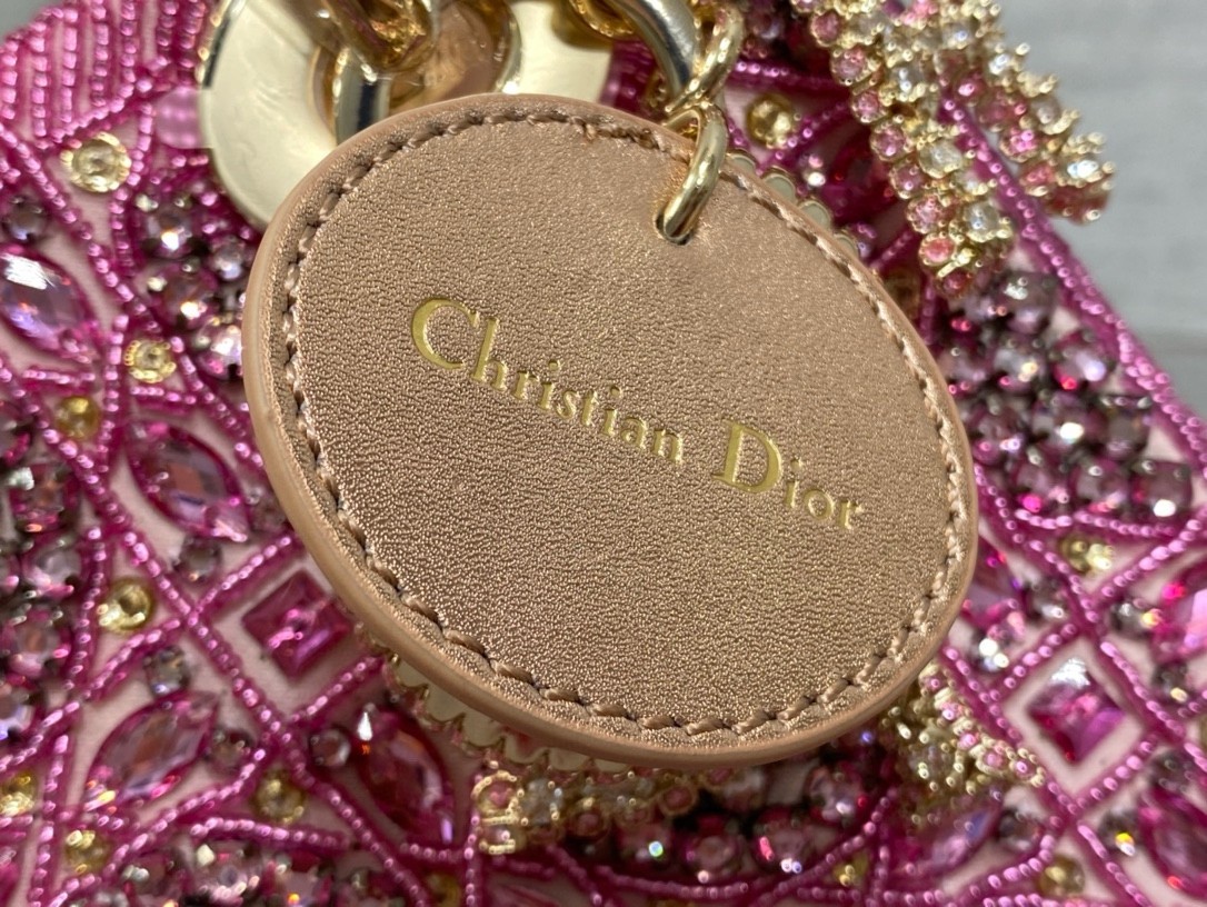 D*or lady D*or mini chain bag in satin with pink resin pearl embroidery