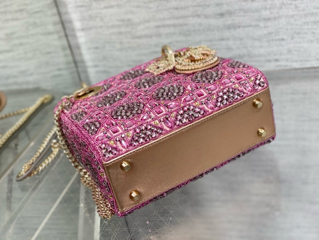 D*or lady D*or mini chain bag in satin with pink resin pearl embroidery
