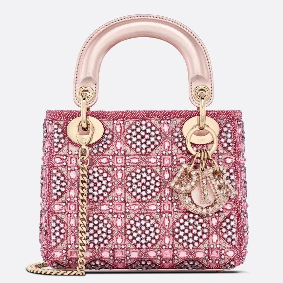 D*or lady D*or mini chain bag in satin with pink resin pearl embroidery