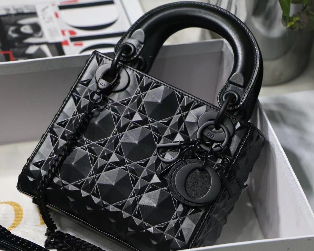 d*or lady d*or mini bag in black calfskin with Di*m*nd motif