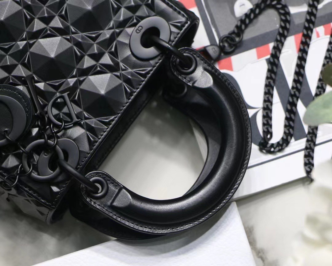 d*or lady d*or mini bag in black calfskin with Di*m*nd motif