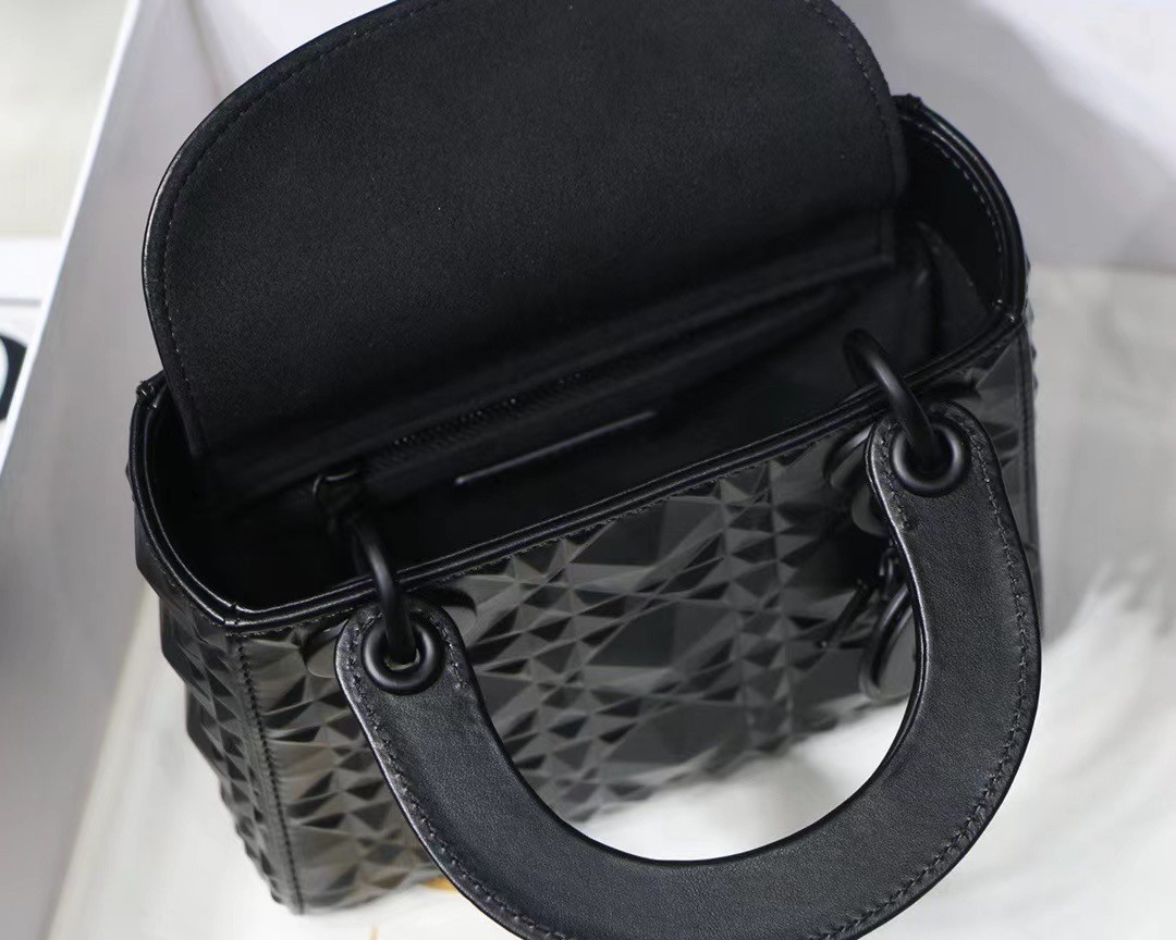 d*or lady d*or mini bag in black calfskin with Di*m*nd motif