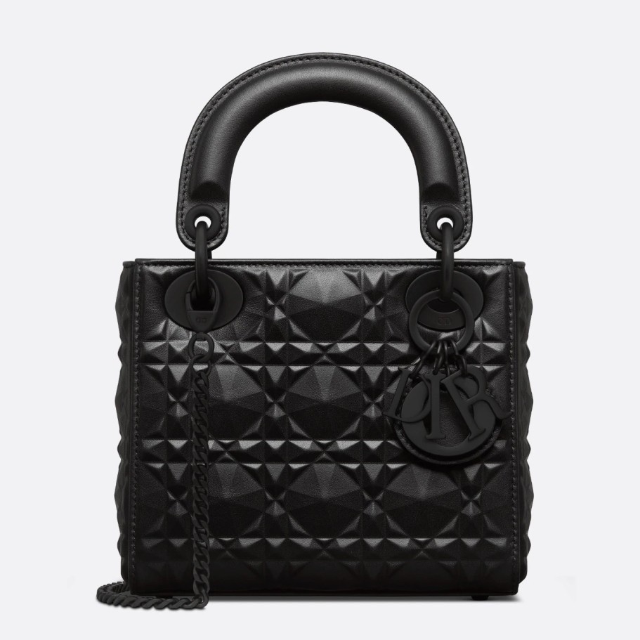 d*or lady d*or mini bag in black calfskin with Di*m*nd motif