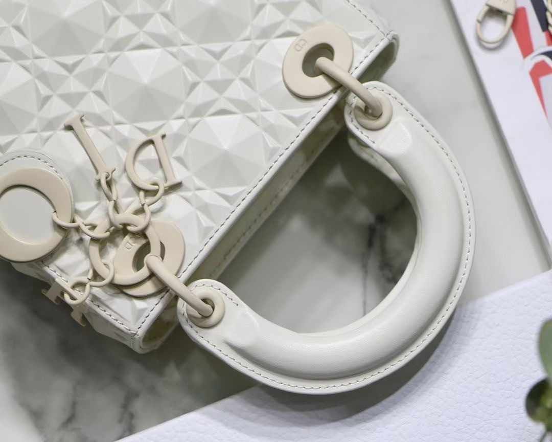 d*or lady d*or mini bag in white calfskin with Di*m*nd motif