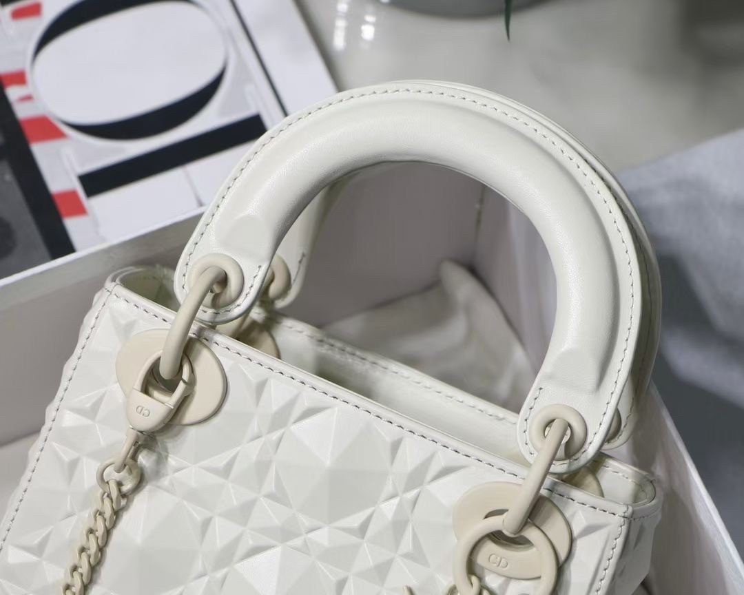 d*or lady d*or mini bag in white calfskin with Di*m*nd motif