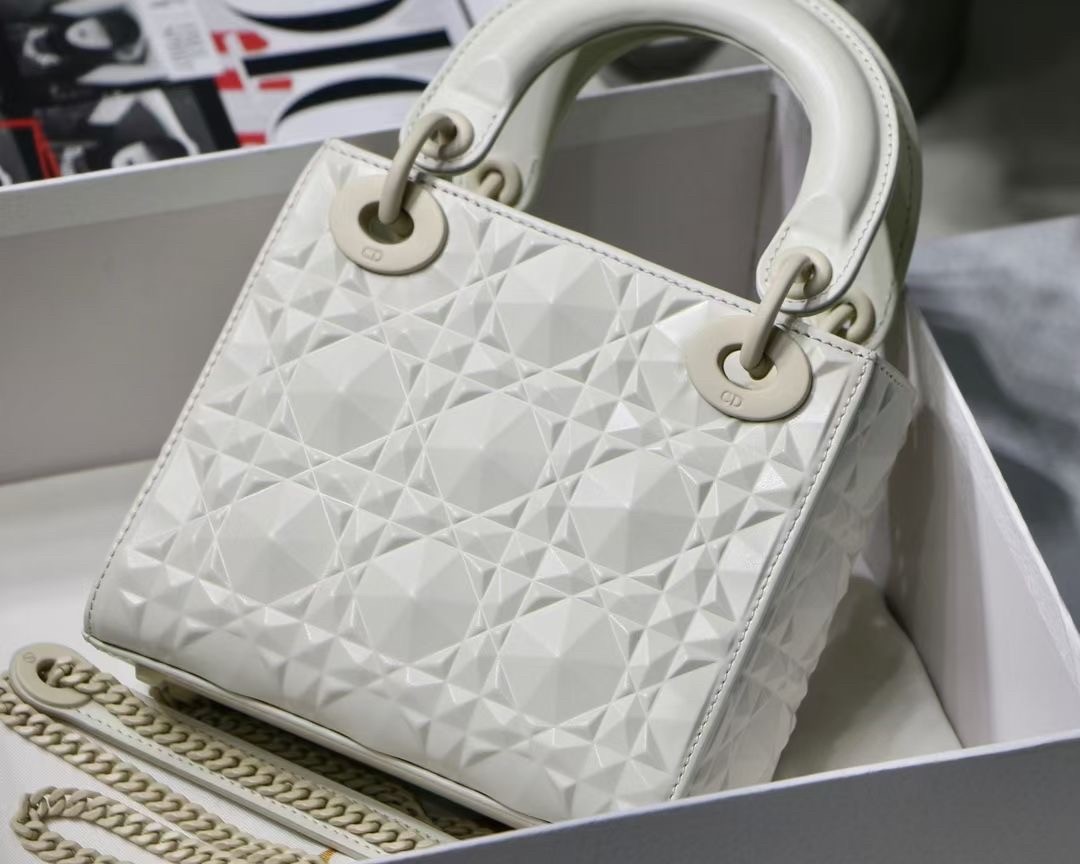 d*or lady d*or mini bag in white calfskin with Di*m*nd motif