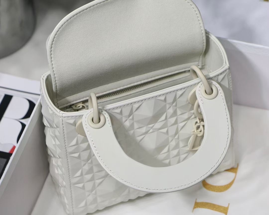 d*or lady d*or mini bag in white calfskin with Di*m*nd motif