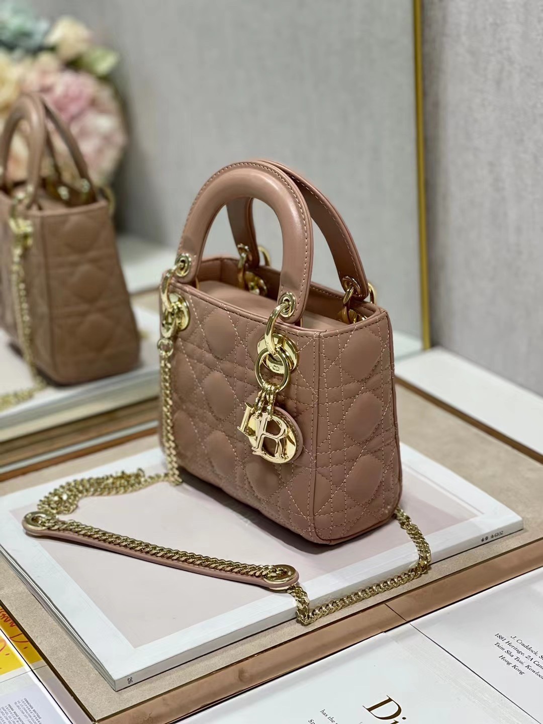 D*or mini lady D*or bag in blush cannage lambskin