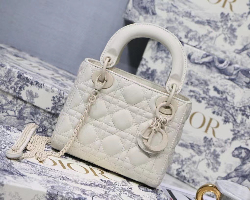 D*or mini lady D*or bag in white ultramatte calfskin