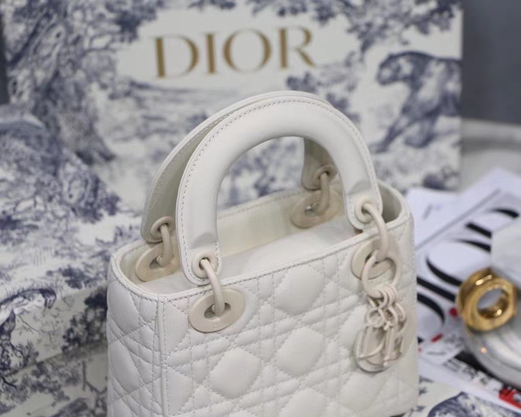 D*or mini lady D*or bag in white ultramatte calfskin