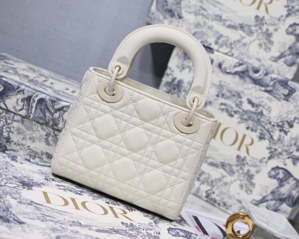 D*or mini lady D*or bag in white ultramatte calfskin