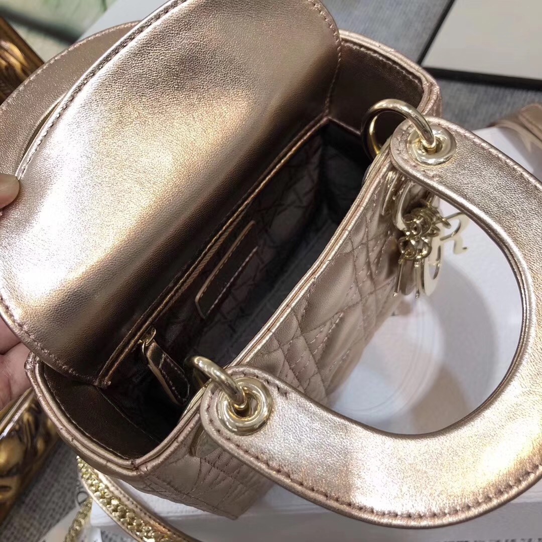 D*or mini lady D*or bag in gold metallic calfskin