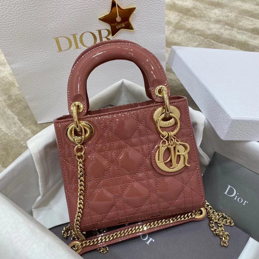 D*or mini lady D*or bag in beige patent calfskin