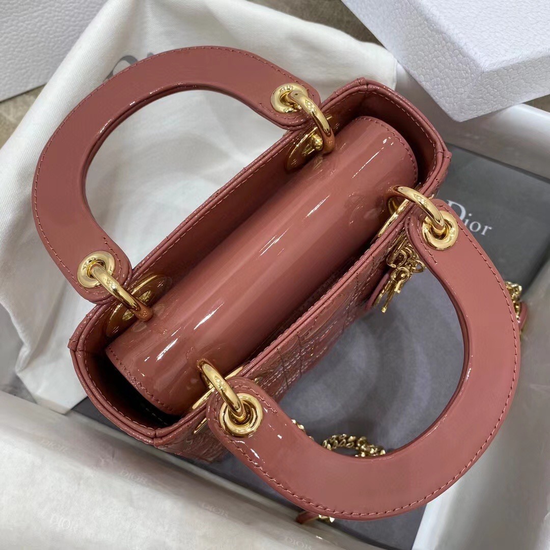 D*or mini lady D*or bag in beige patent calfskin
