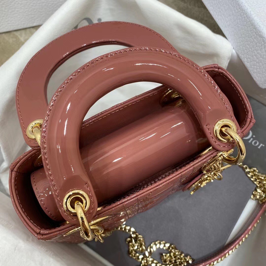 D*or mini lady D*or bag in beige patent calfskin