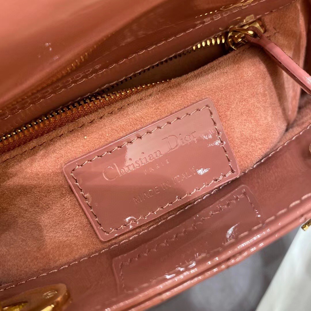 D*or mini lady D*or bag in beige patent calfskin