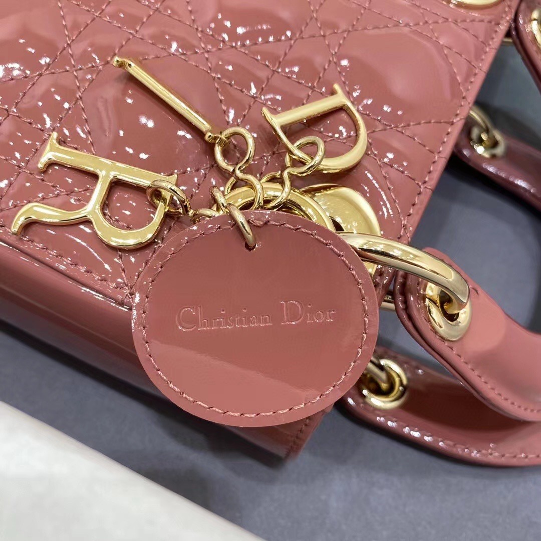 D*or mini lady D*or bag in beige patent calfskin