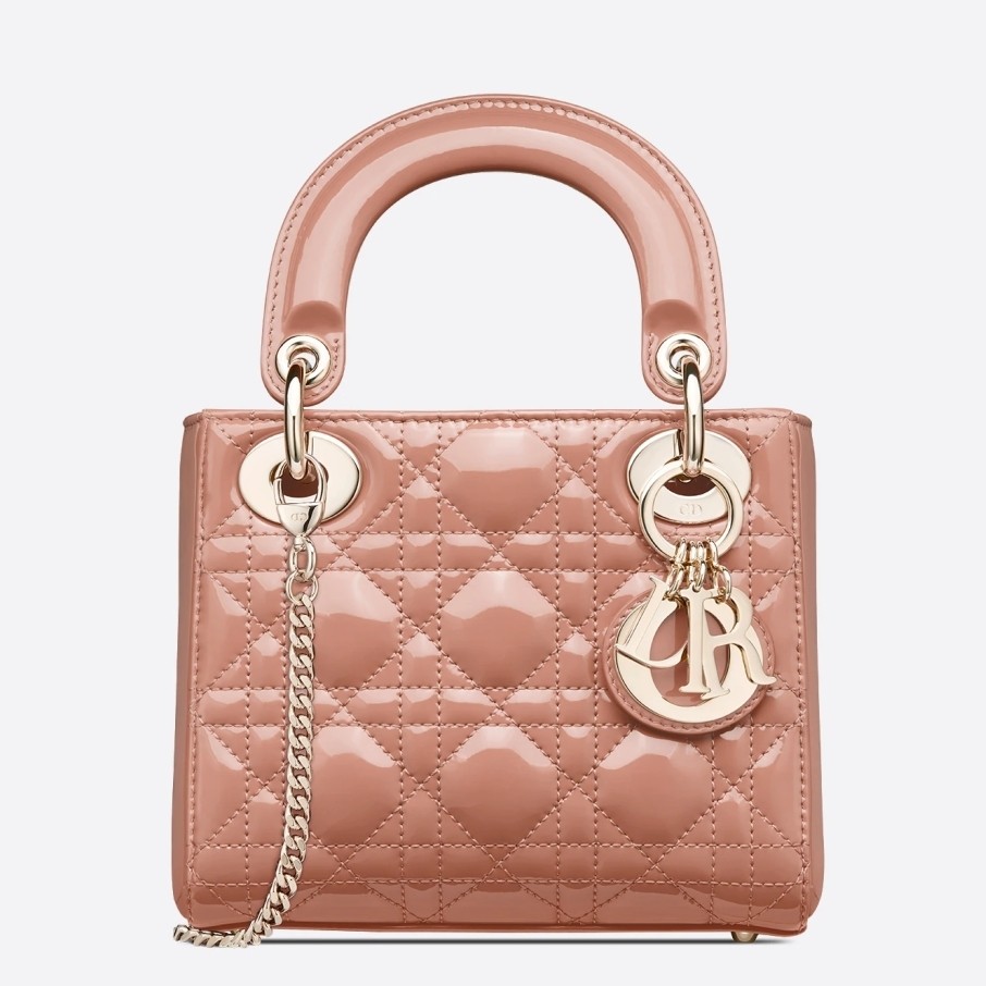 D*or mini lady D*or bag in beige patent calfskin