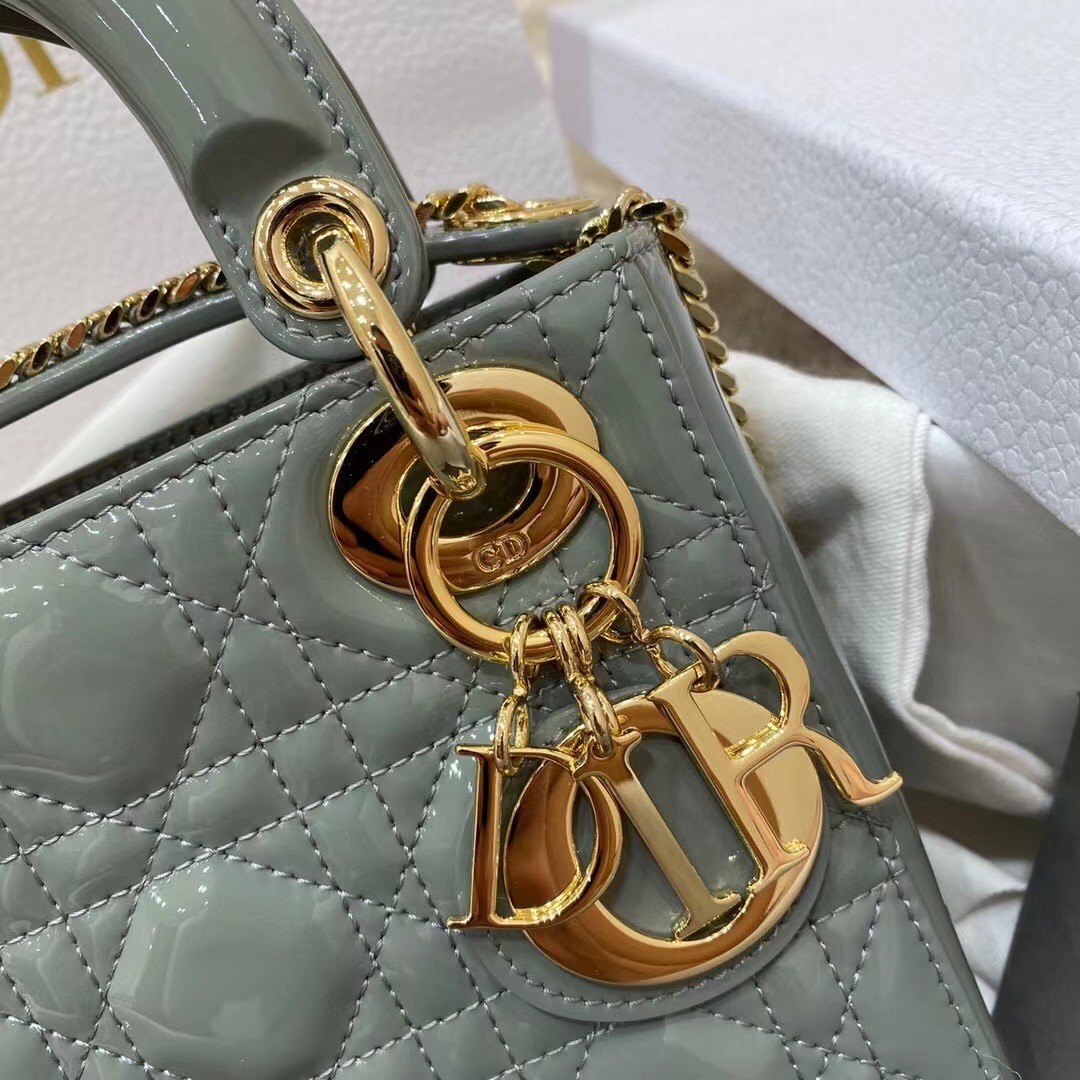 D*or mini lady D*or bag in grey patent calfskin