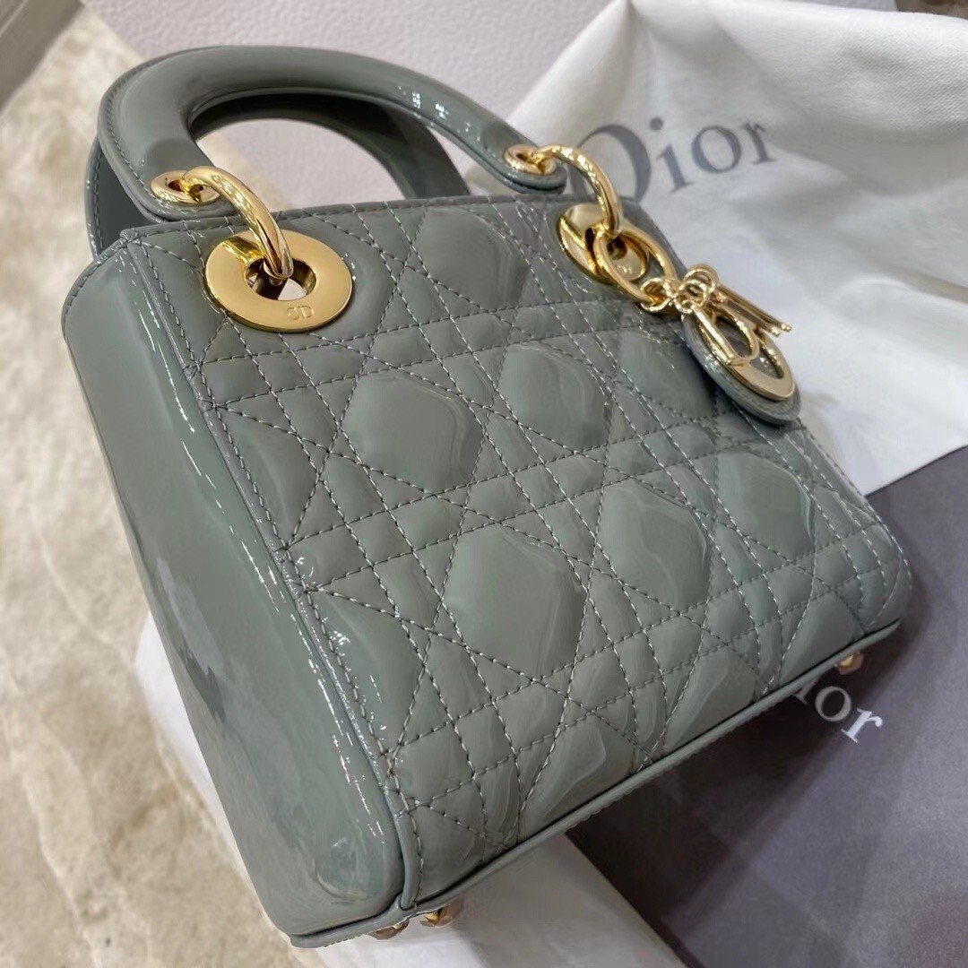 D*or mini lady D*or bag in grey patent calfskin