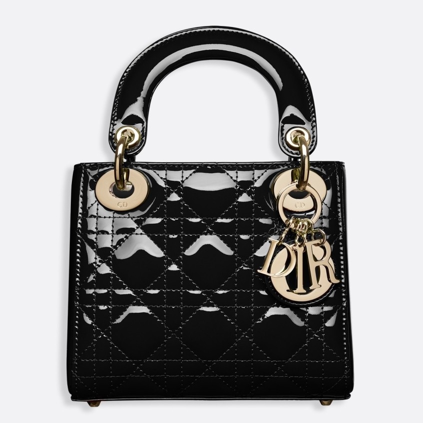 D*or mini lady D*or bag in black patent calfskin