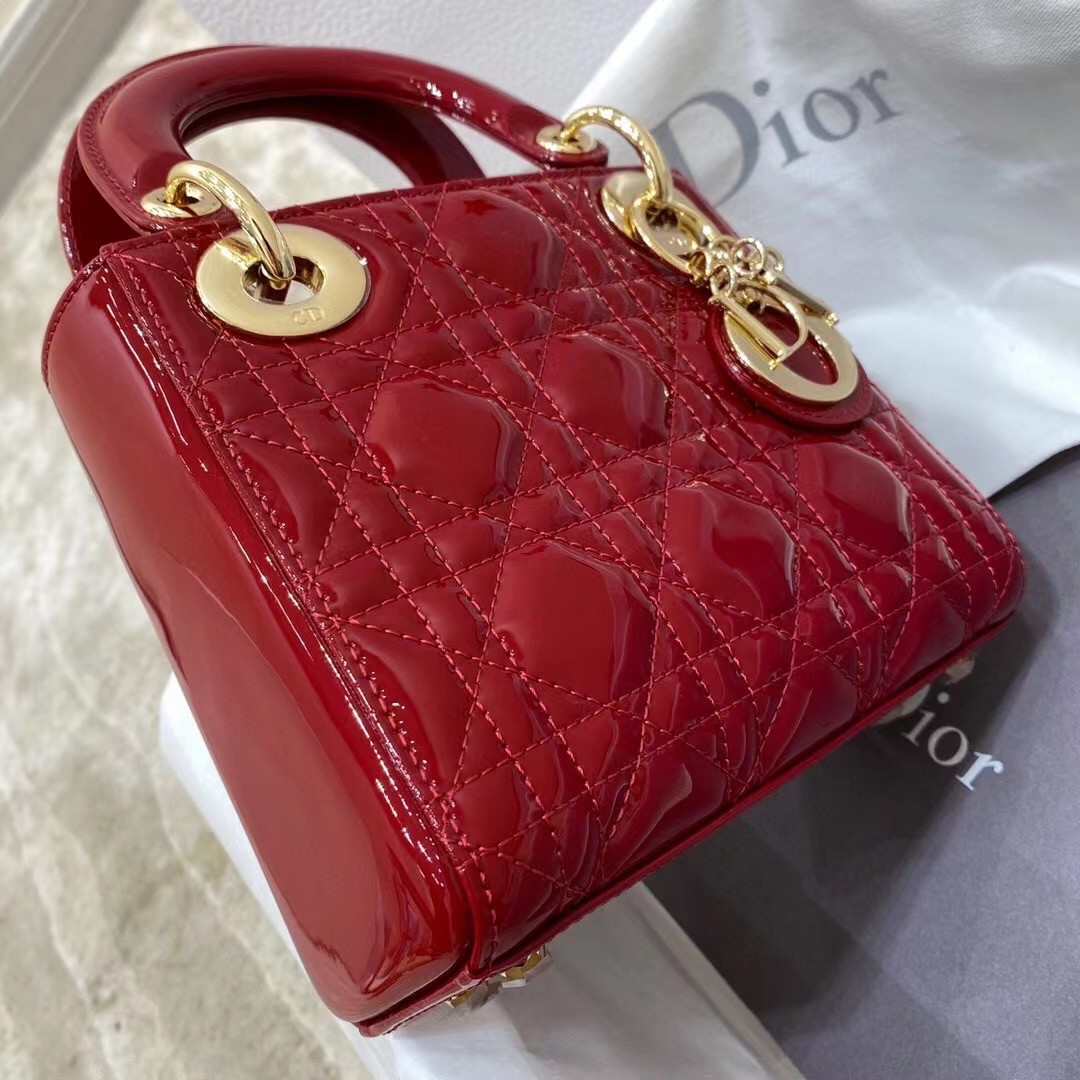 D*or red patent mini lady D*or bag with chain