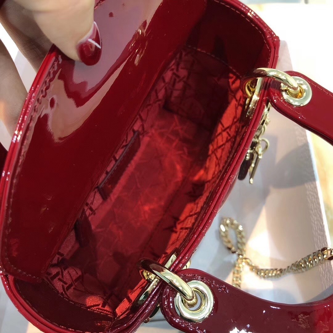 D*or mini lady D*or bag in red patent calfskin