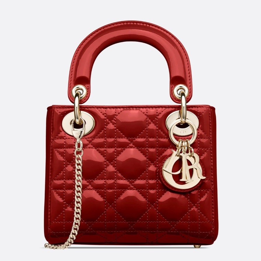 D*or red patent mini lady D*or bag with chain