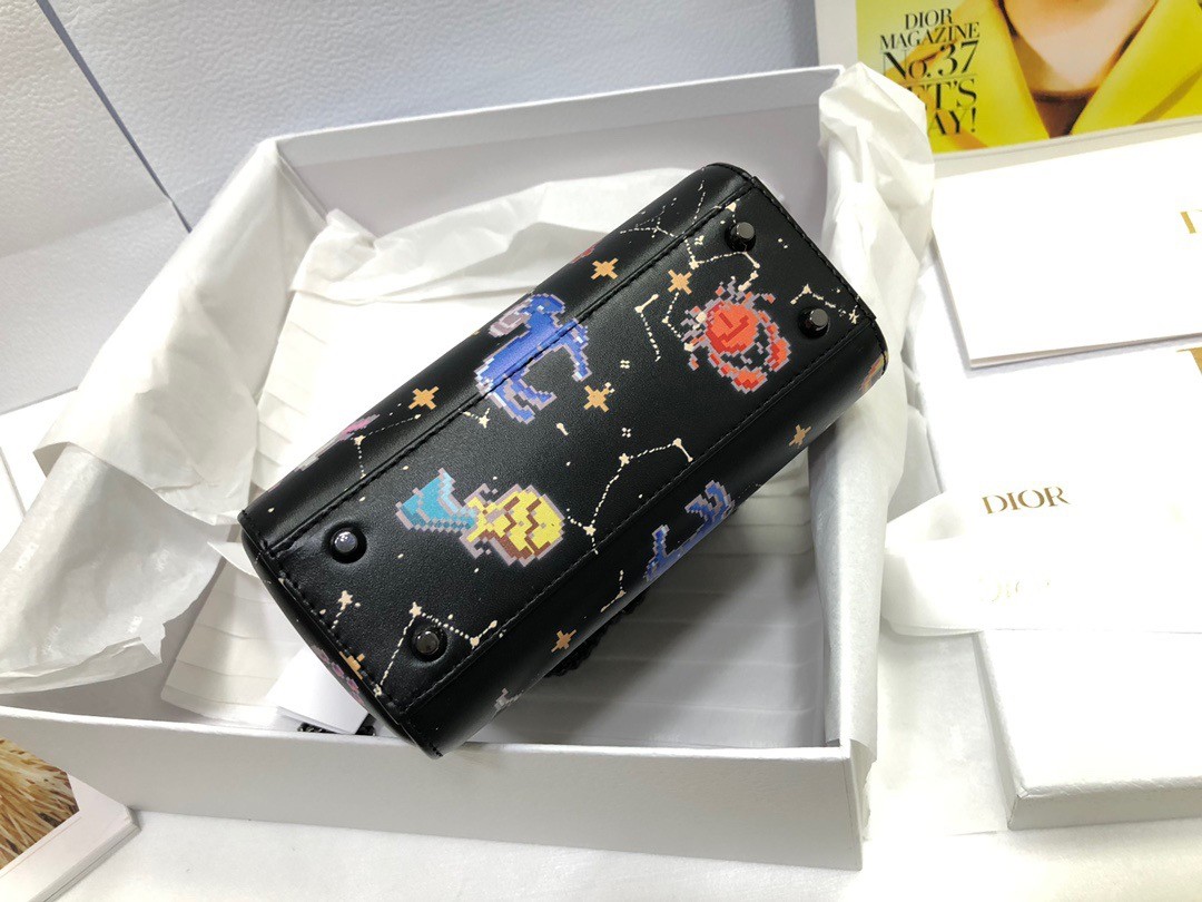 D*or mini lady D*or bag in black calfskin with pixel zodiac print