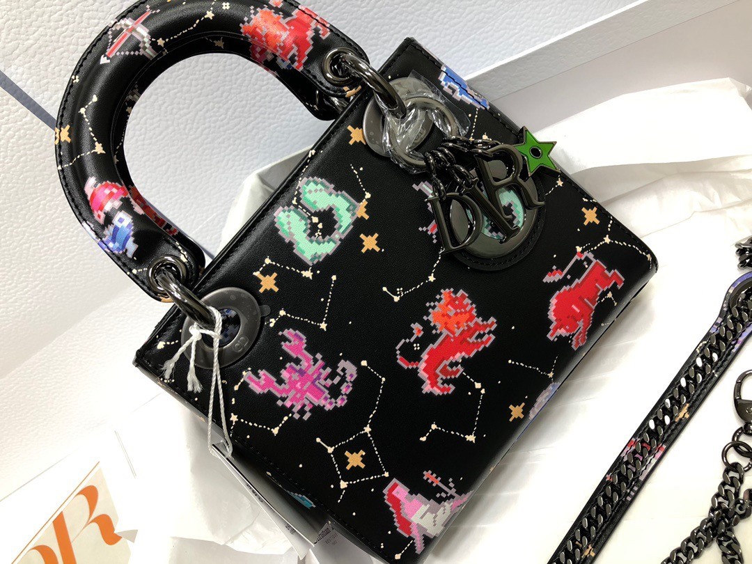 D*or mini lady D*or bag in black calfskin with pixel zodiac print